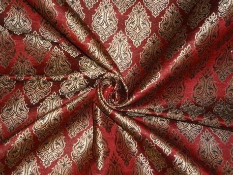 Silk Brocade Fabric Black,Indian Red & Metallic Gold Colur 